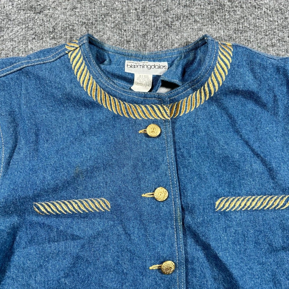 Bloomingdale's Denim Jacket Womens Size 10 Blue Gold Embroidery Vintage USA Made